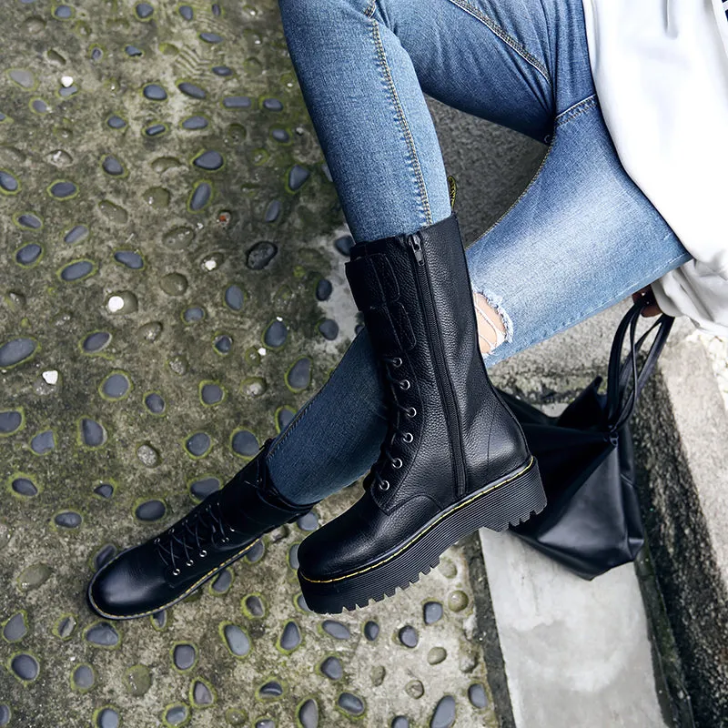 fashion new mid calf boots women round toe genuine leather boots cross tied ladies autumn winter flat platform boots
