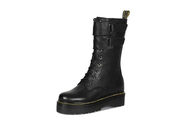 fashion new mid calf boots women round toe genuine leather boots cross tied ladies autumn winter flat platform boots