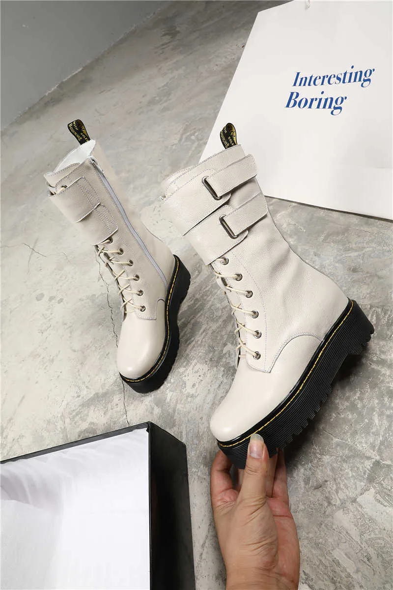fashion new mid calf boots women round toe genuine leather boots cross tied ladies autumn winter flat platform boots