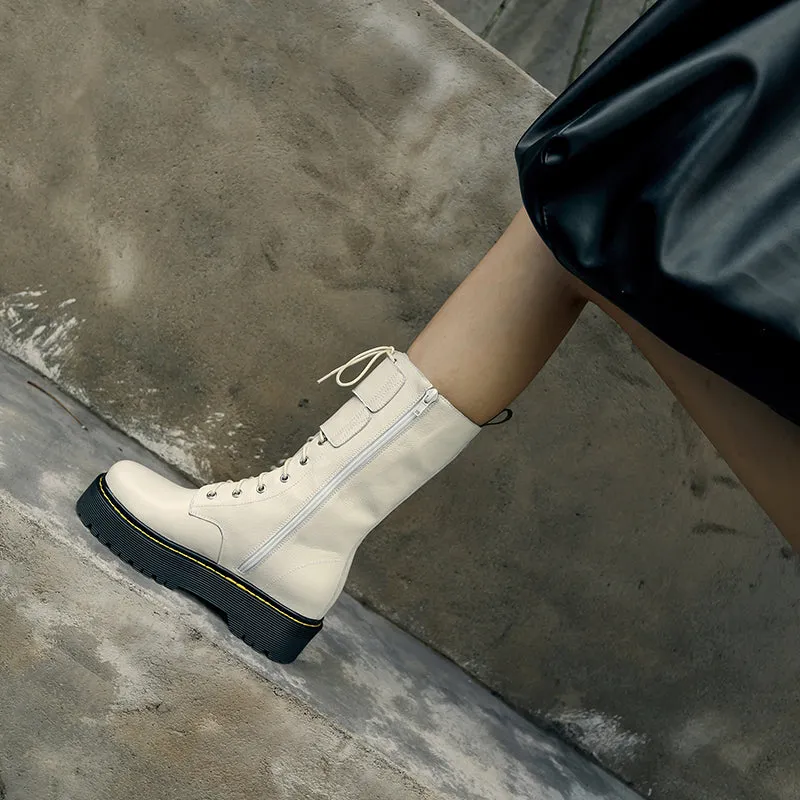 fashion new mid calf boots women round toe genuine leather boots cross tied ladies autumn winter flat platform boots