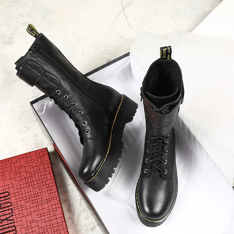 fashion new mid calf boots women round toe genuine leather boots cross tied ladies autumn winter flat platform boots
