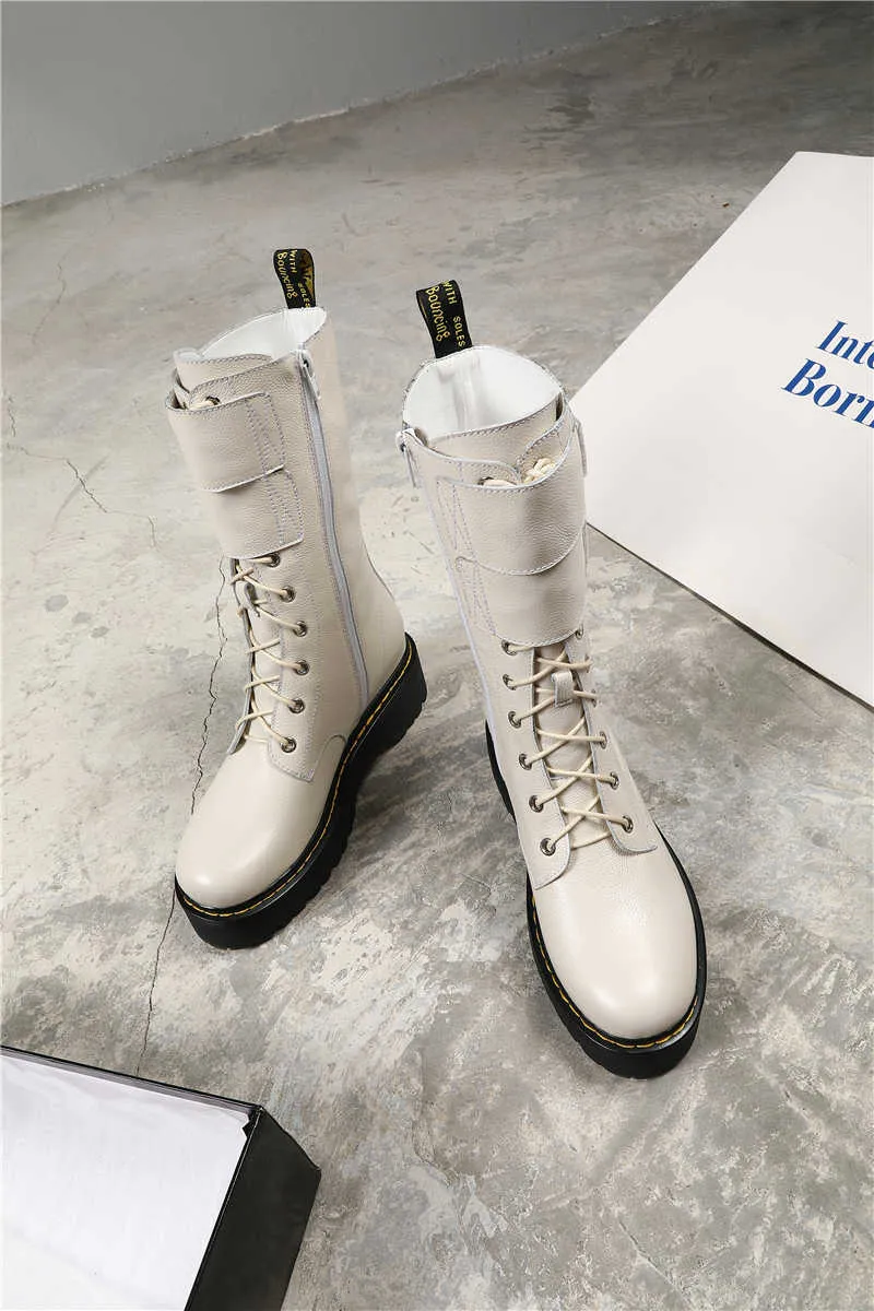 fashion new mid calf boots women round toe genuine leather boots cross tied ladies autumn winter flat platform boots