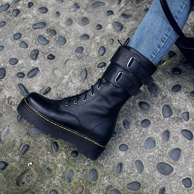 fashion new mid calf boots women round toe genuine leather boots cross tied ladies autumn winter flat platform boots