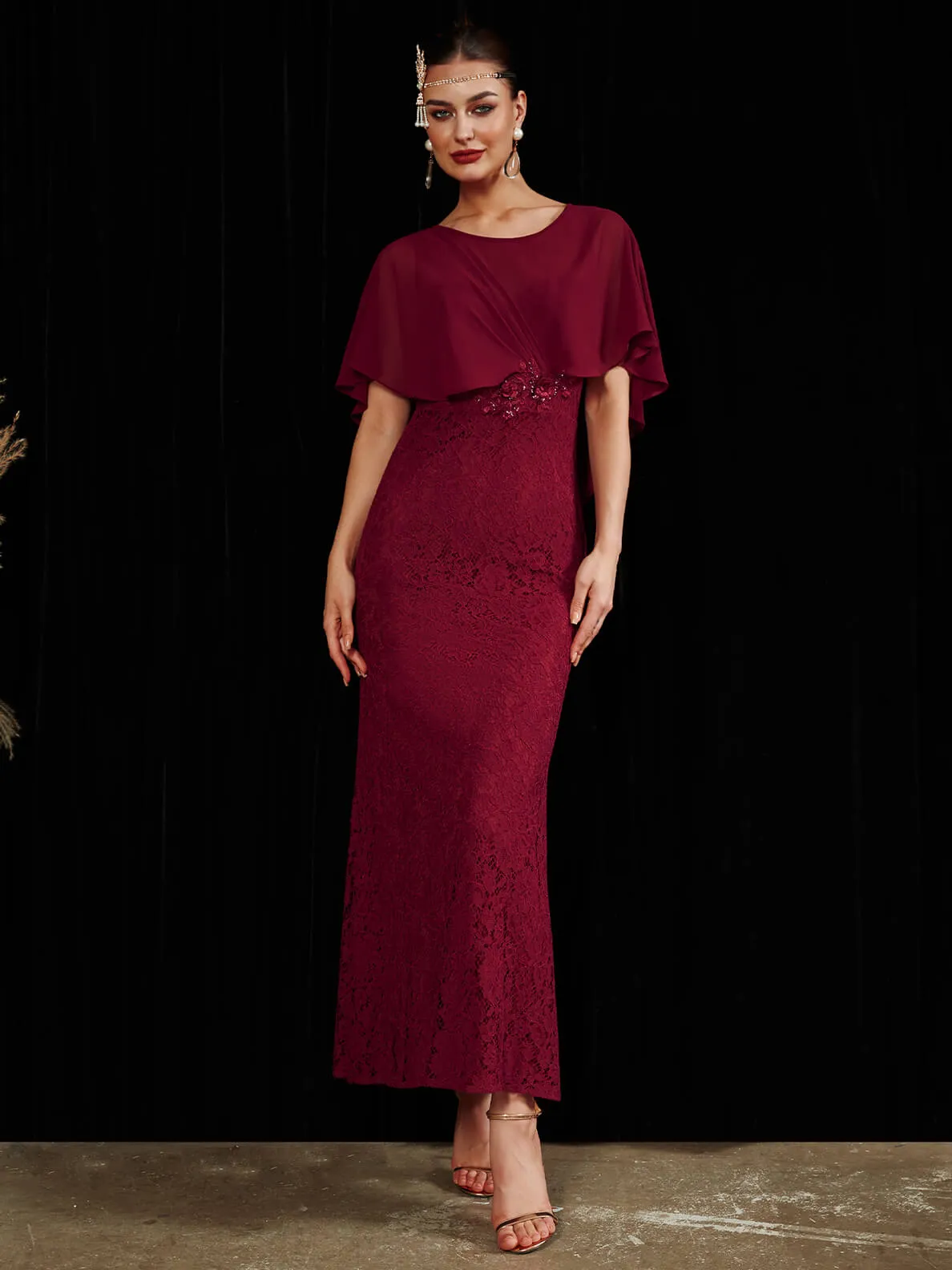 [Final Sale] Burgundy Ruffle Shawl Sleeveless Boat Mermaid Lace Maxi Mother Dress