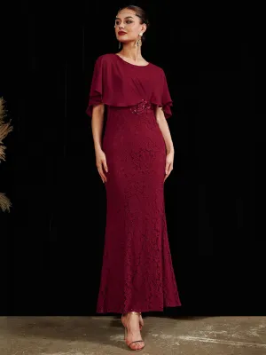 [Final Sale] Burgundy Ruffle Shawl Sleeveless Boat Mermaid Lace Maxi Mother Dress
