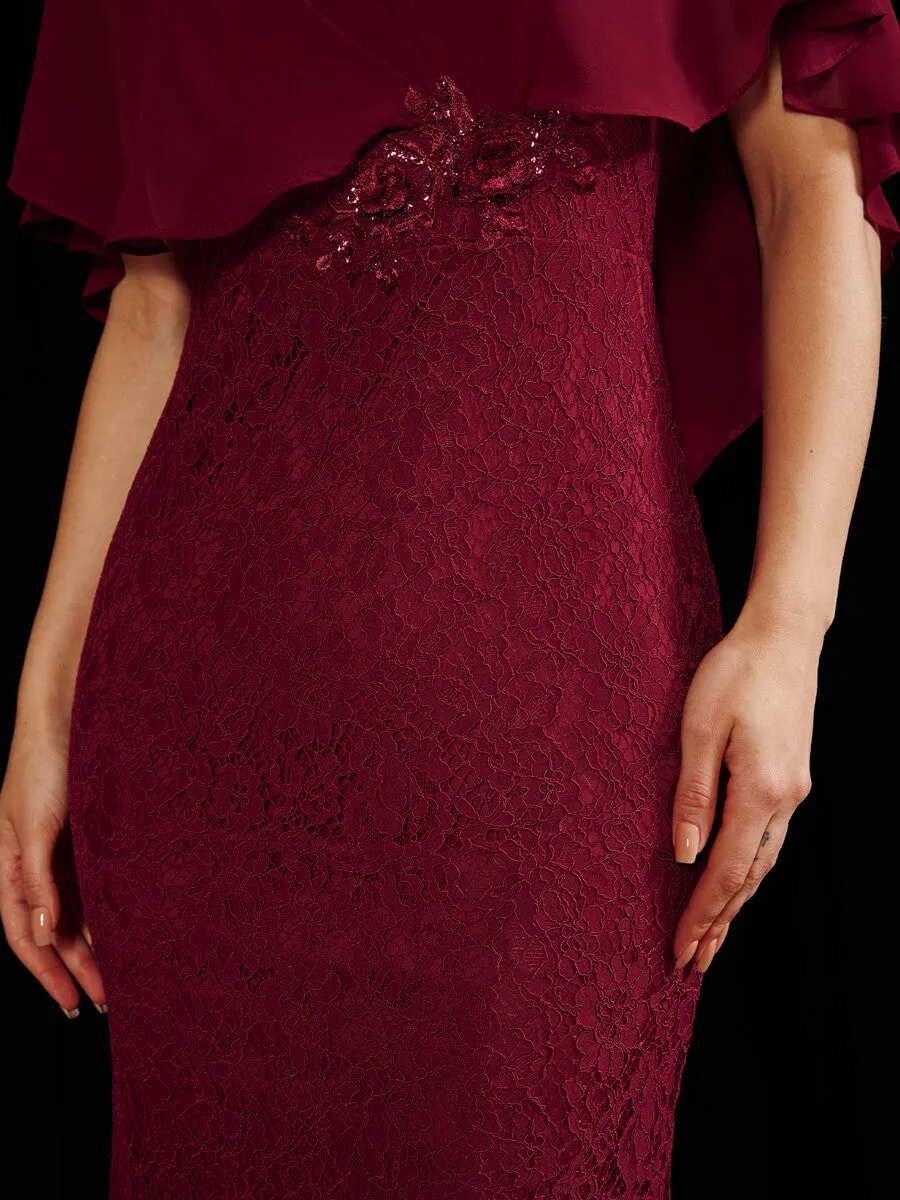 [Final Sale] Burgundy Ruffle Shawl Sleeveless Boat Mermaid Lace Maxi Mother Dress