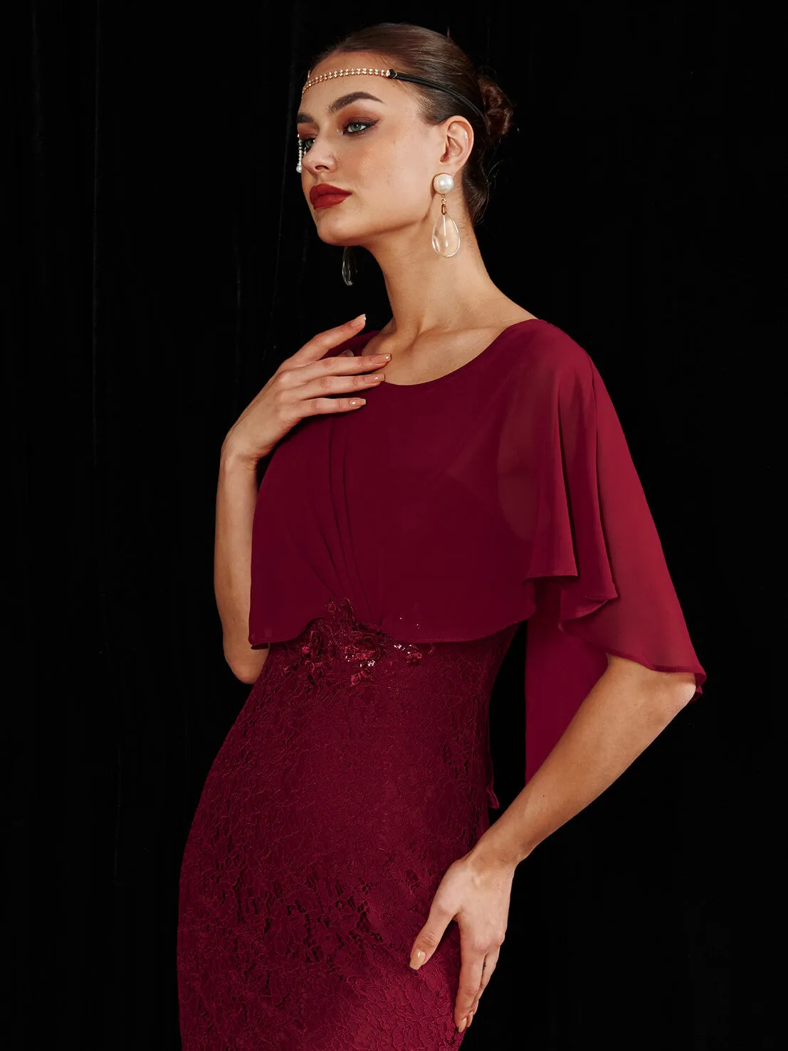 [Final Sale] Burgundy Ruffle Shawl Sleeveless Boat Mermaid Lace Maxi Mother Dress