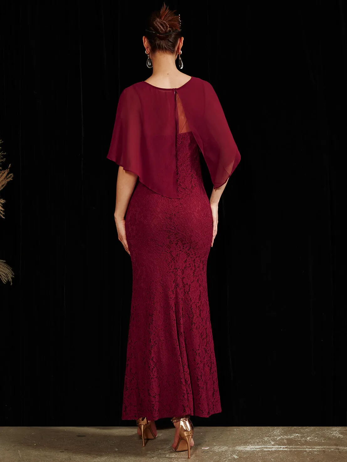 [Final Sale] Burgundy Ruffle Shawl Sleeveless Boat Mermaid Lace Maxi Mother Dress