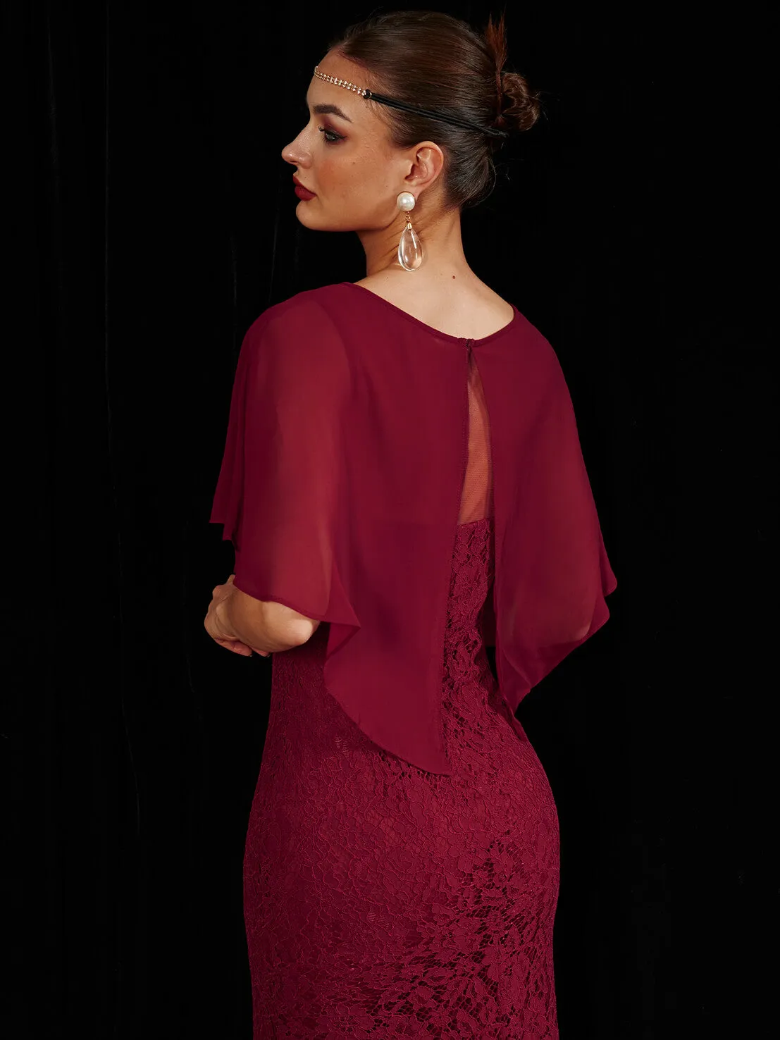 [Final Sale] Burgundy Ruffle Shawl Sleeveless Boat Mermaid Lace Maxi Mother Dress