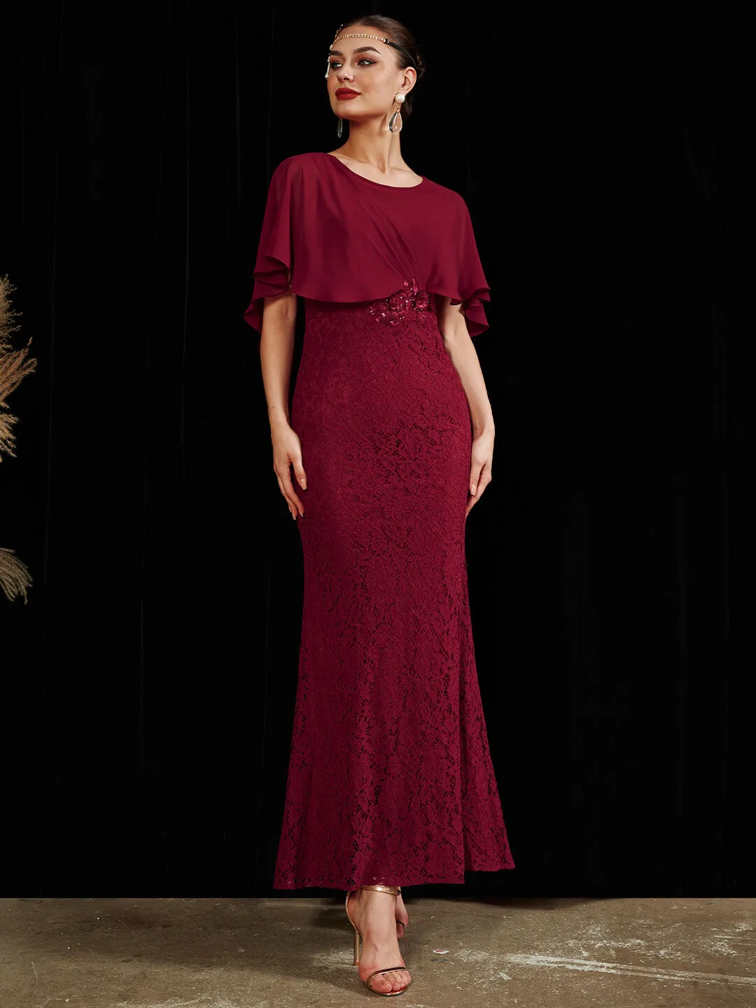 [Final Sale] Burgundy Ruffle Shawl Sleeveless Boat Mermaid Lace Maxi Mother Dress
