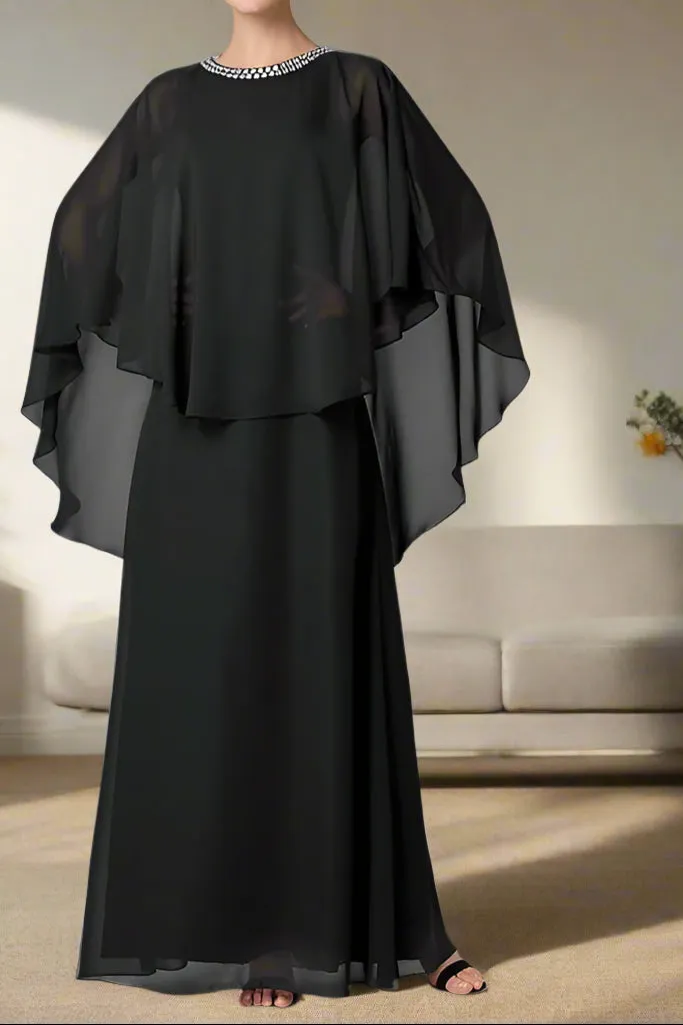 Floor Length Chiffon Black A-Line Mother of the Bride Dress with Rhinestones