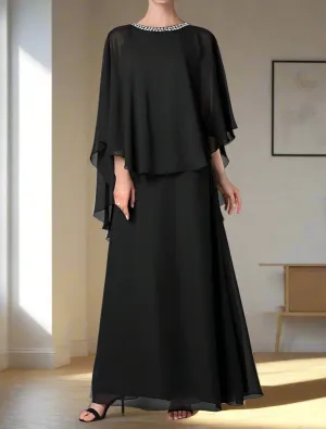 Floor Length Chiffon Black A-Line Mother of the Bride Dress with Rhinestones