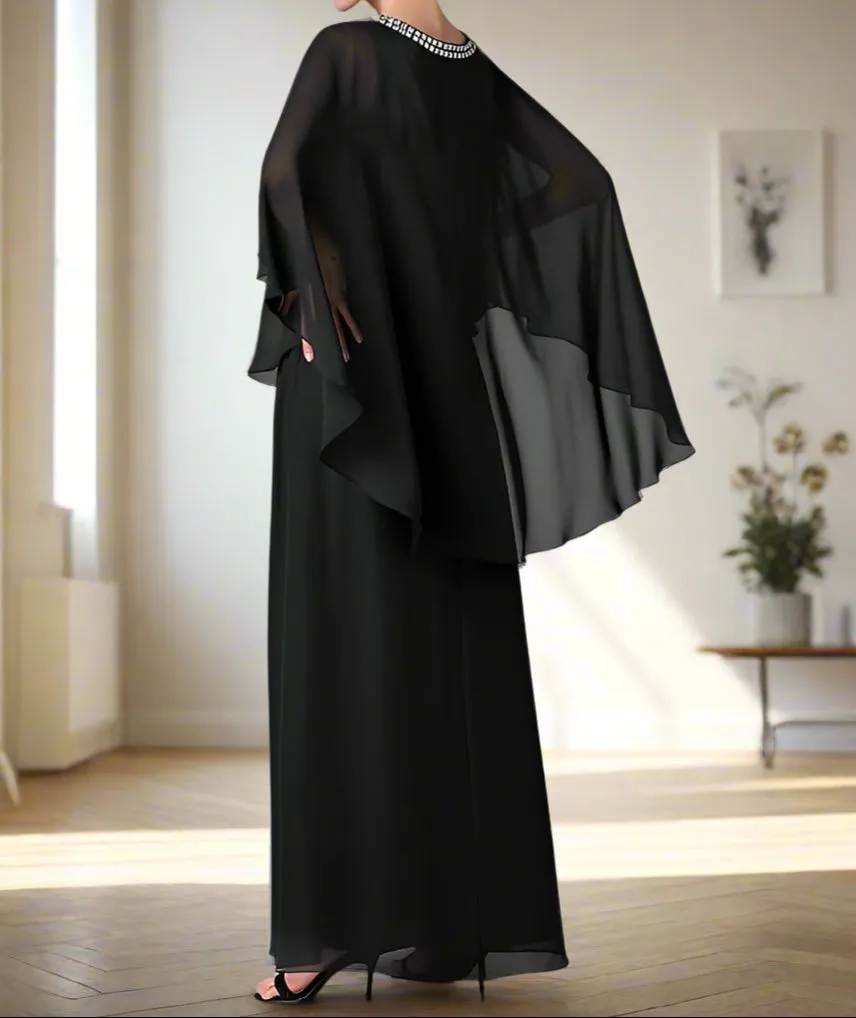 Floor Length Chiffon Black A-Line Mother of the Bride Dress with Rhinestones
