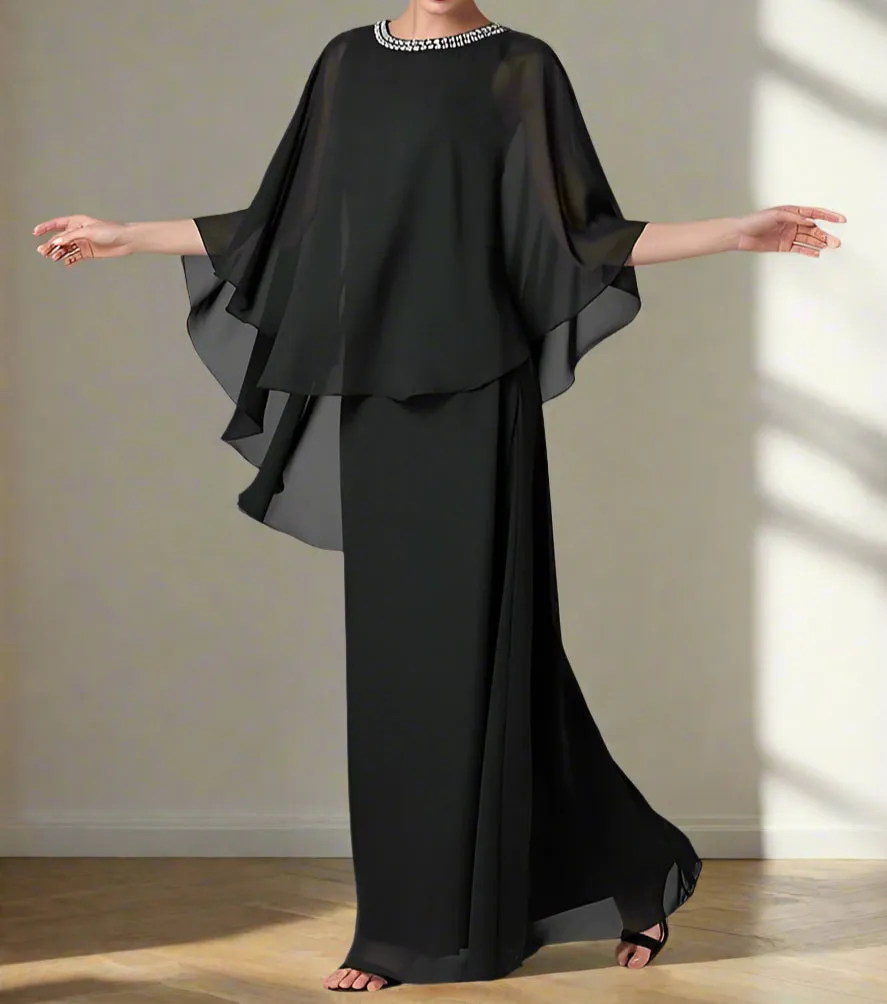 Floor Length Chiffon Black A-Line Mother of the Bride Dress with Rhinestones