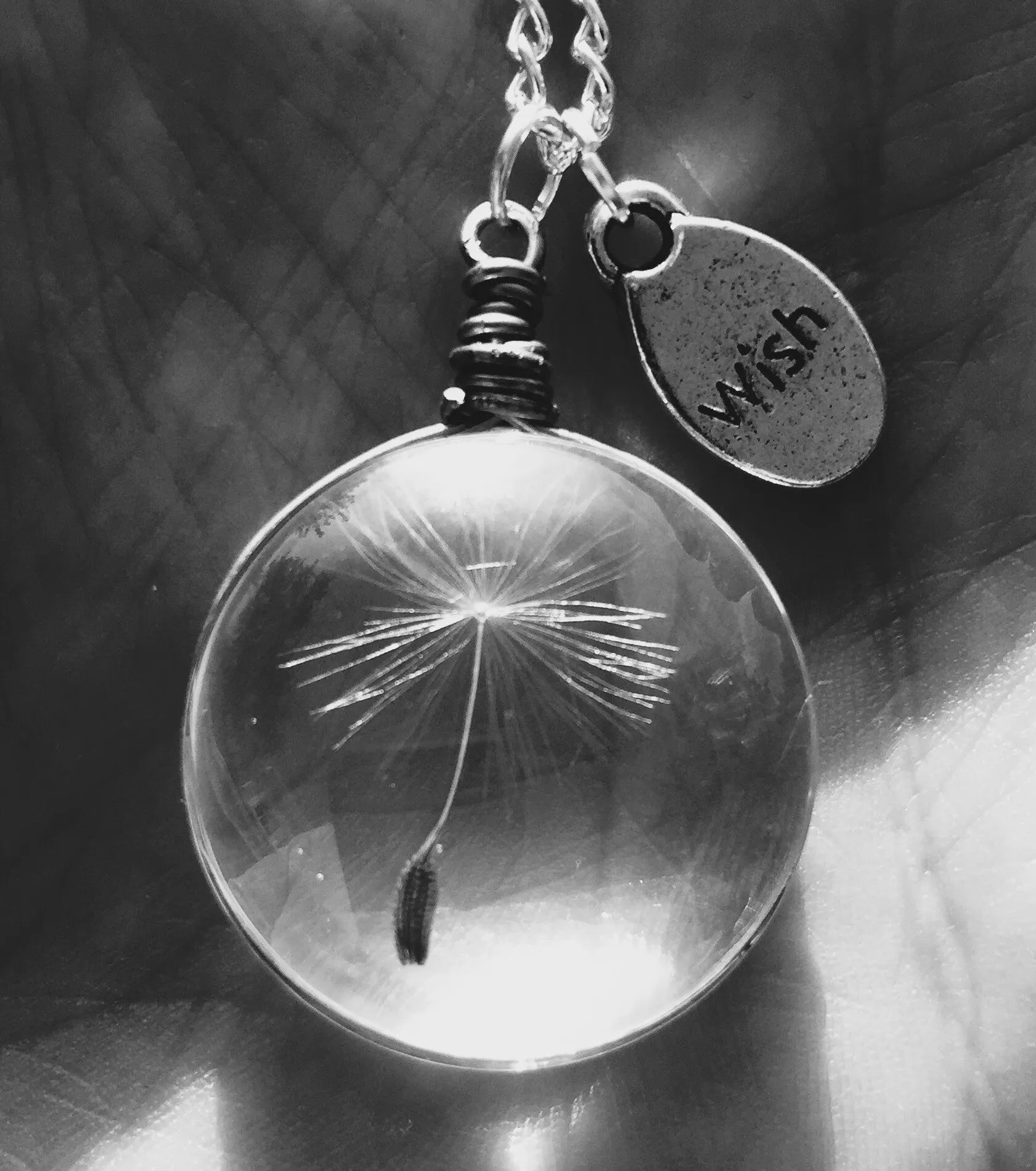 Glass (Wish) Pendant Necklace with Real "Dandelion Seed" Jewelry