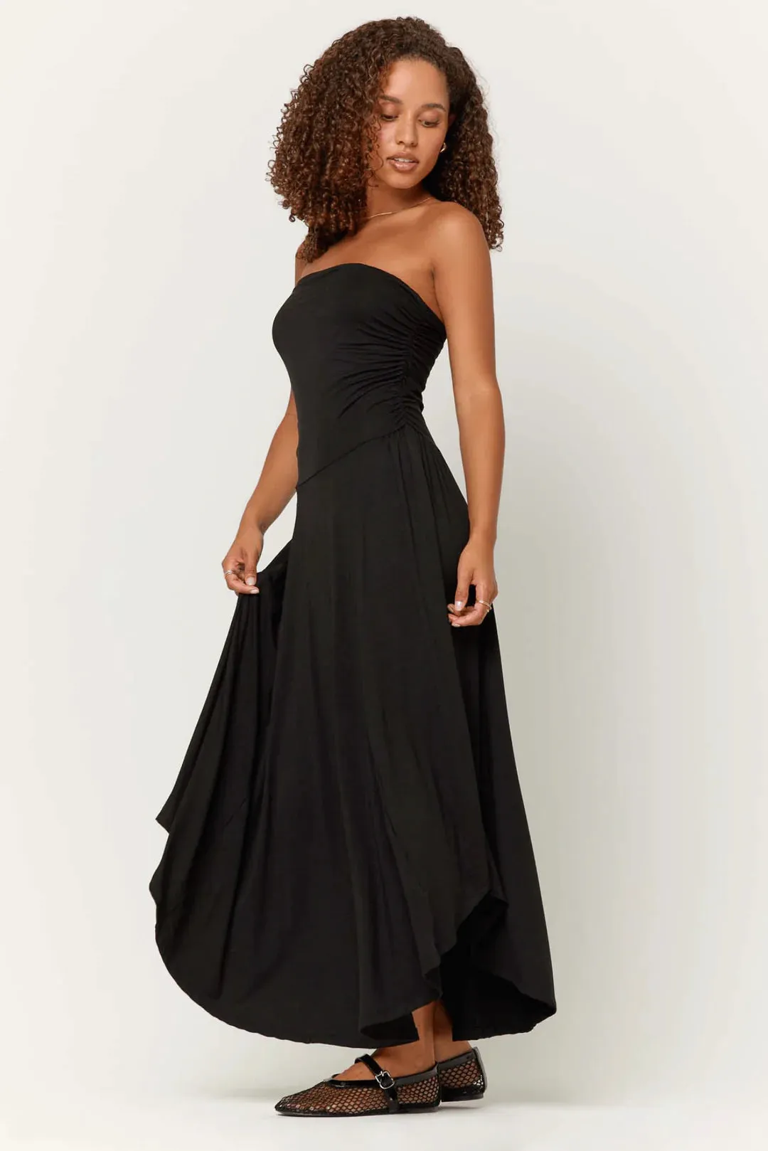 Goddess strapless shirred dress