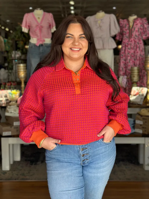 Hot Pink   Orange Textured Snap Front Top
