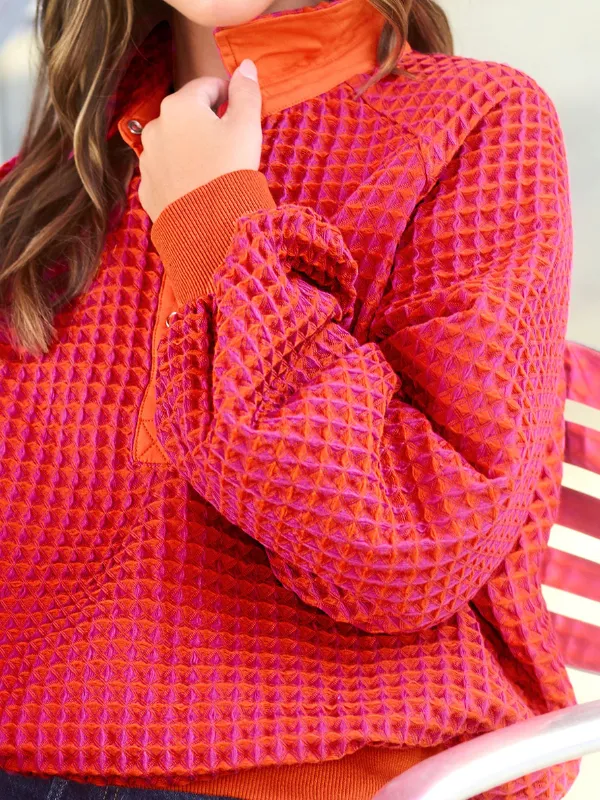 Hot Pink   Orange Textured Snap Front Top