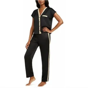 INC Satin Pajama Set in Black with Gold Metallic Trim, Sz XL