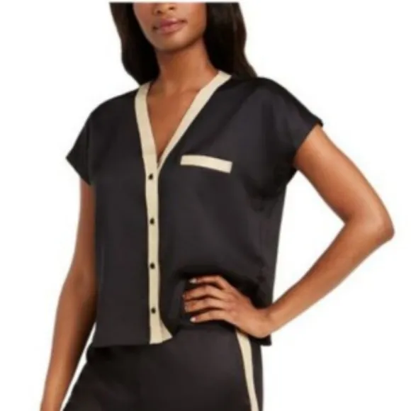 INC Satin Pajama Set in Black with Gold Metallic Trim, Sz XL