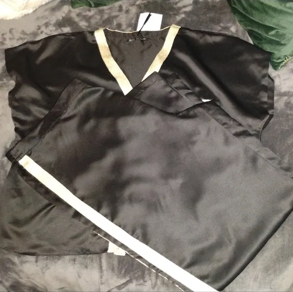 INC Satin Pajama Set in Black with Gold Metallic Trim, Sz XL