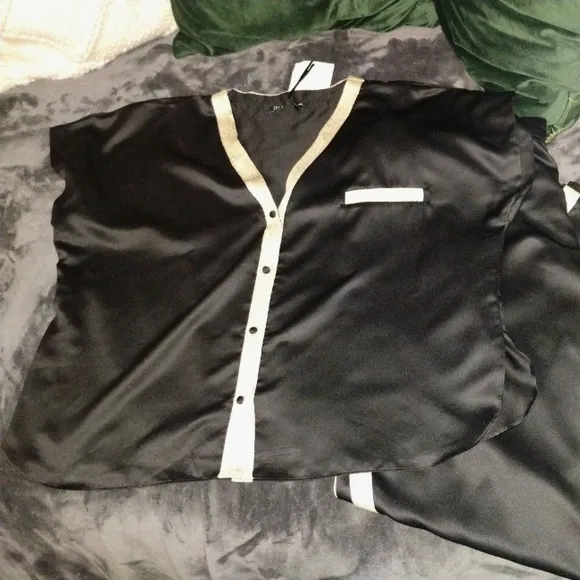 INC Satin Pajama Set in Black with Gold Metallic Trim, Sz XL