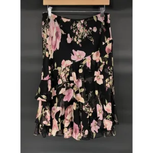Lauren Ralph Lauren Silk Floral Midi Skirt Womens M Black Fairy y2k Whimsigoth
