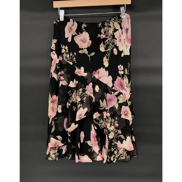 Lauren Ralph Lauren Silk Floral Midi Skirt Womens M Black Fairy y2k Whimsigoth