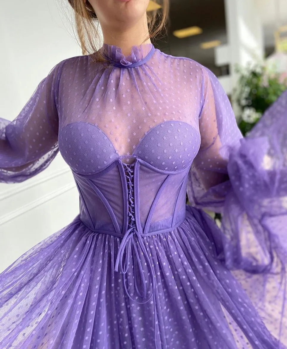 Lilac Lantern Sleeves Evening Dresses Gowns  A-Line Sexy Ankle Length For Women Party Night