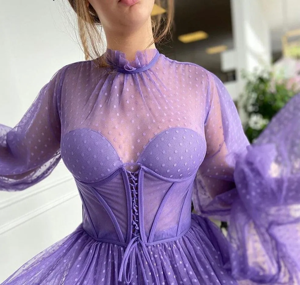 Lilac Lantern Sleeves Evening Dresses Gowns  A-Line Sexy Ankle Length For Women Party Night