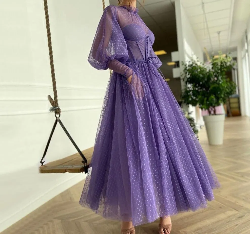 Lilac Lantern Sleeves Evening Dresses Gowns  A-Line Sexy Ankle Length For Women Party Night