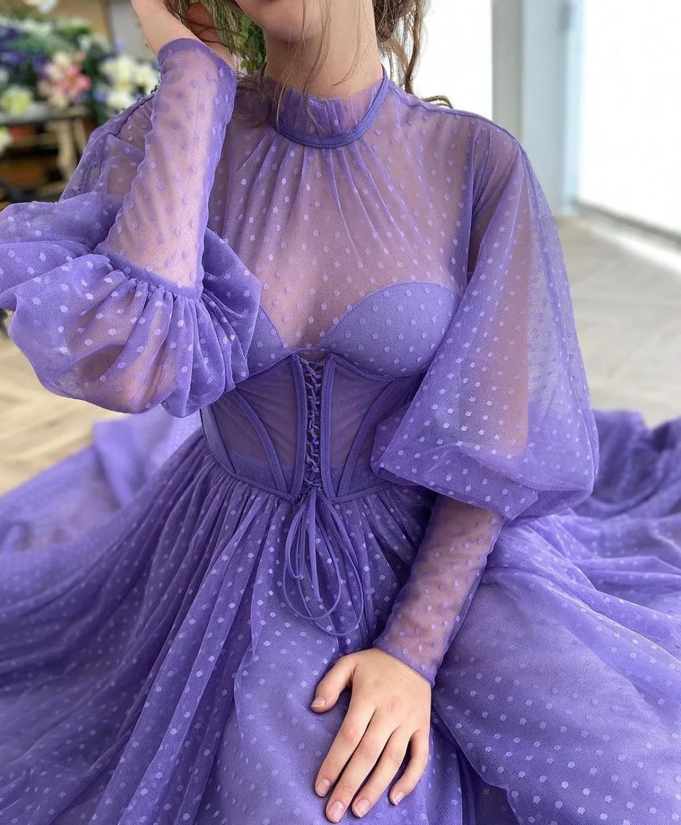 Lilac Lantern Sleeves Evening Dresses Gowns  A-Line Sexy Ankle Length For Women Party Night