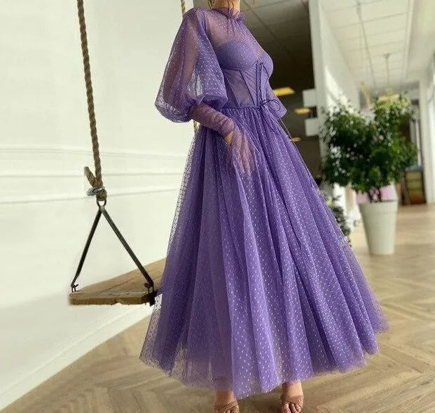 Lilac Lantern Sleeves Evening Dresses Gowns  A-Line Sexy Ankle Length For Women Party Night