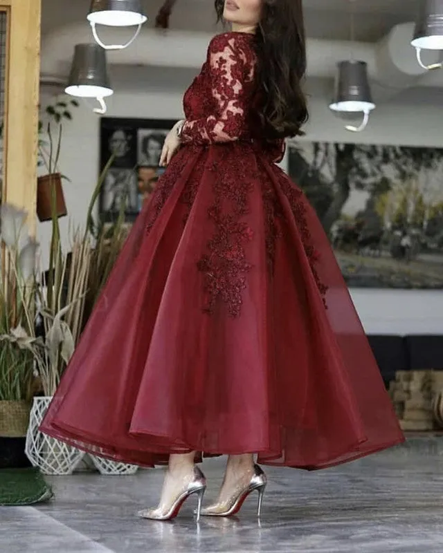 Long Sleeves Burgundy Wedding Guest Dress 2025 Short Ankle Length Prom Dress Lace