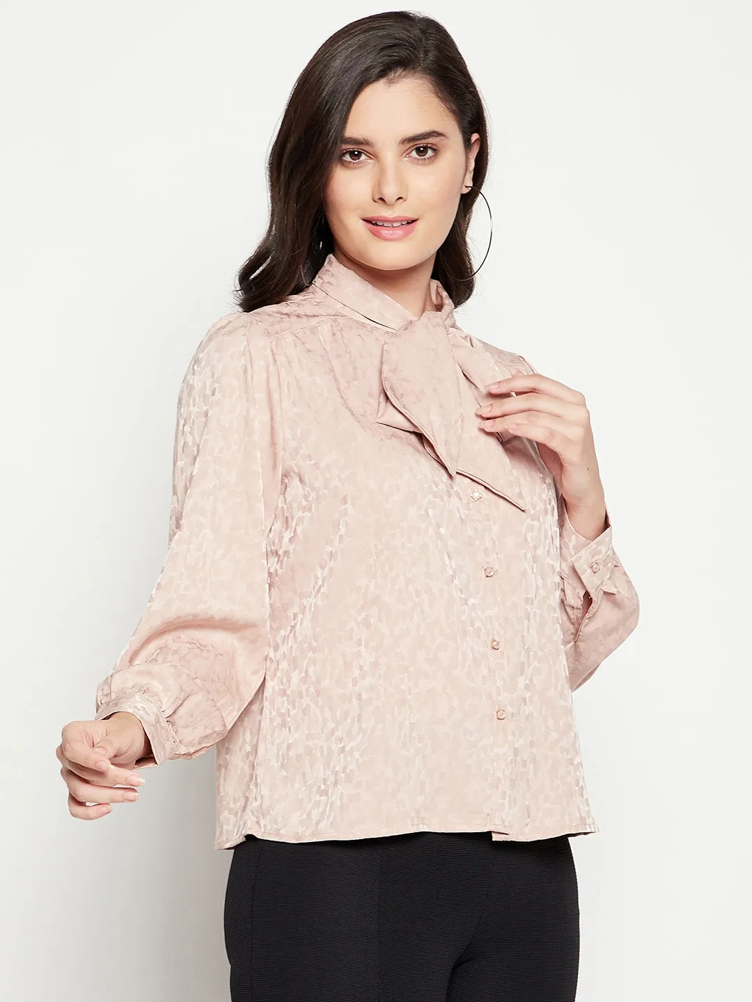 Madame Beige Solid Tie Neck Top