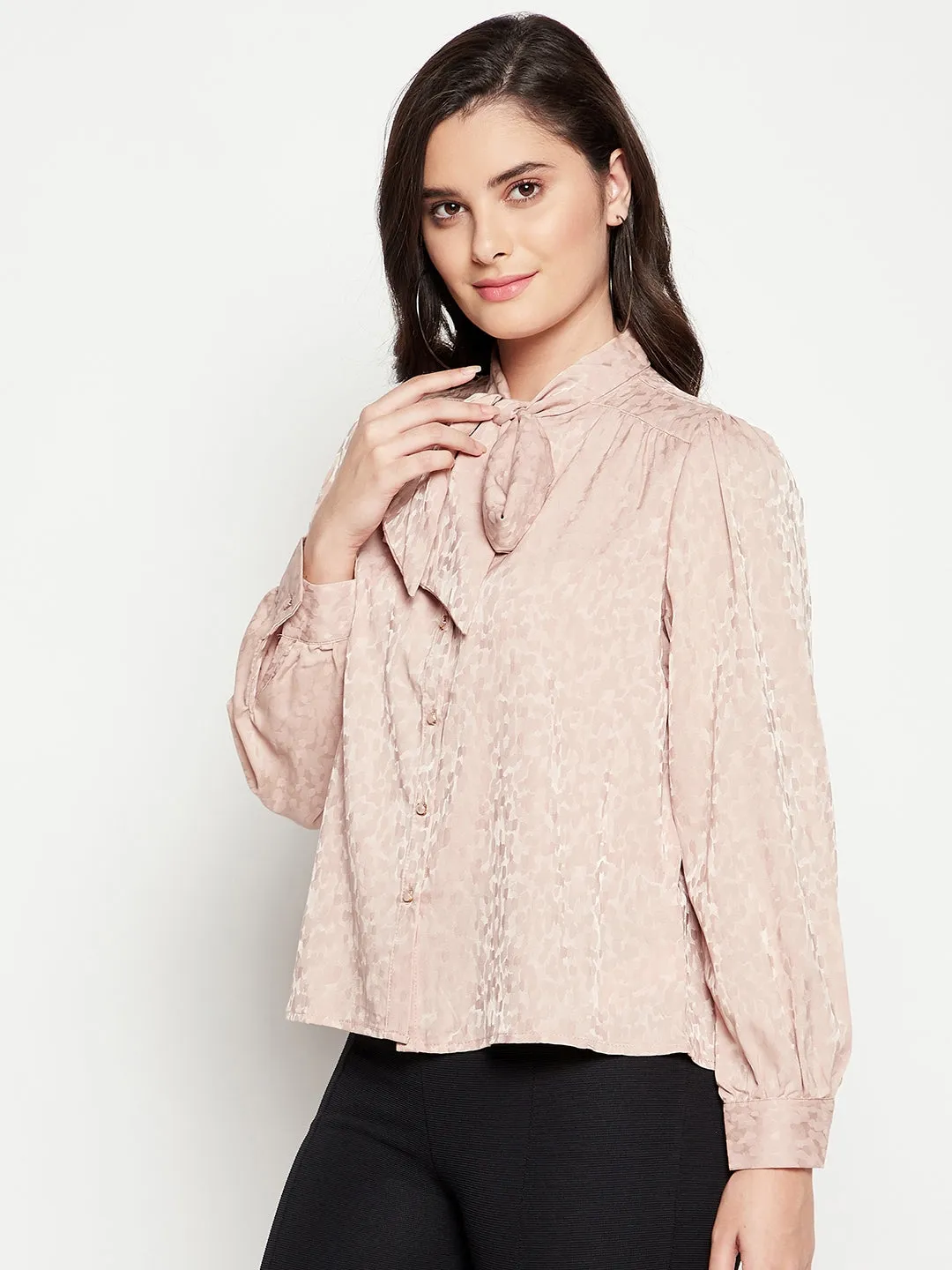 Madame Beige Solid Tie Neck Top