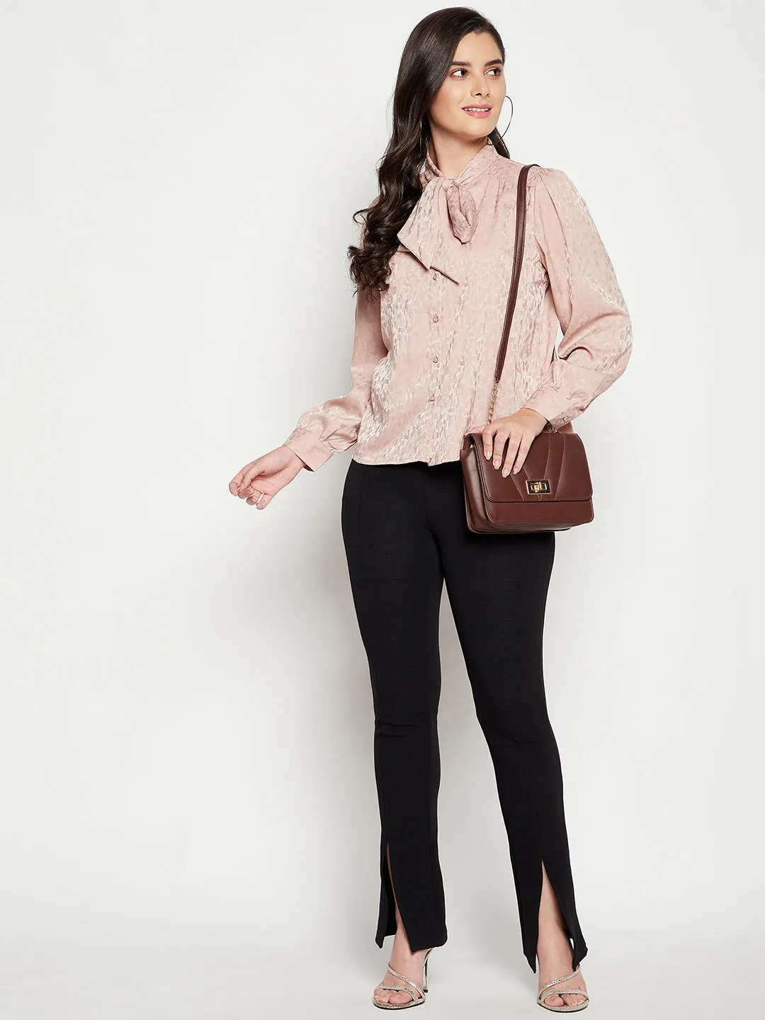 Madame Beige Solid Tie Neck Top