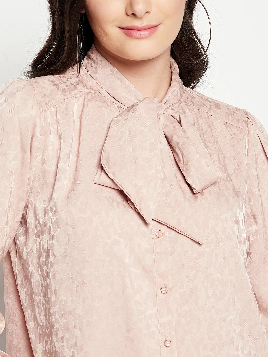 Madame Beige Solid Tie Neck Top