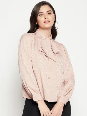 Madame Beige Solid Tie Neck Top