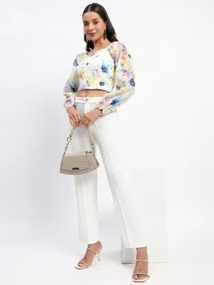 Madame Floral Print Puff Sleeve White Crop Top