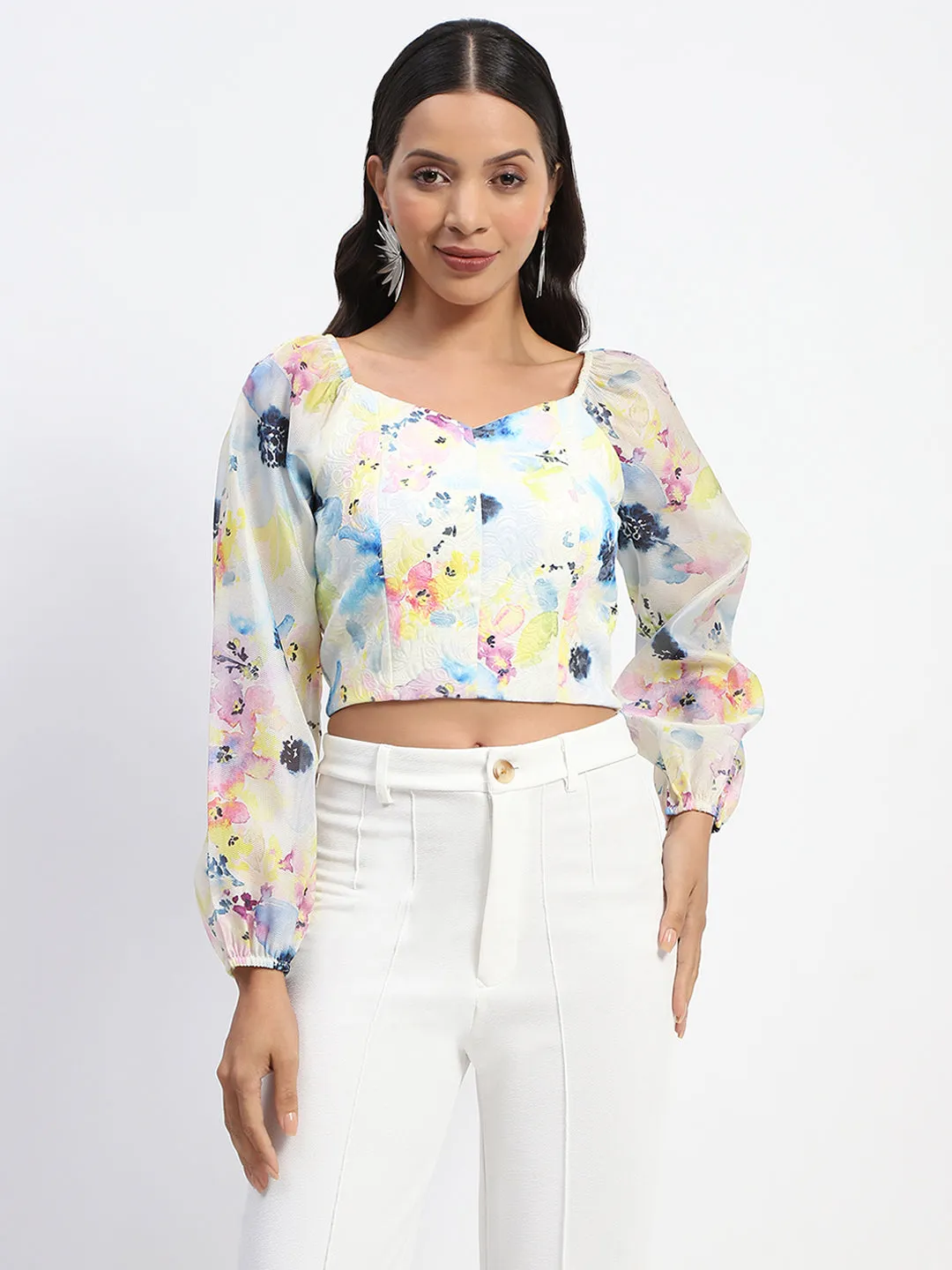 Madame Floral Print Puff Sleeve White Crop Top