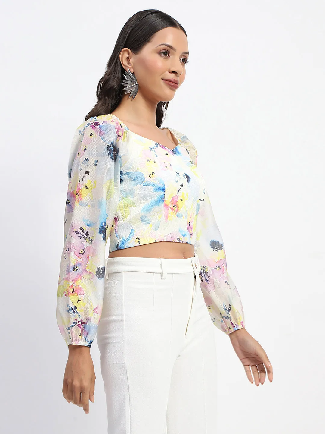 Madame Floral Print Puff Sleeve White Crop Top