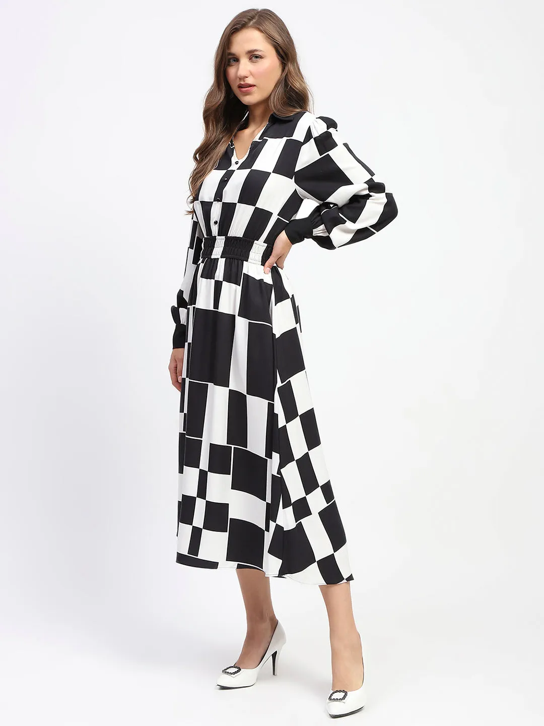 Madame Viscose Chessboard Print Cinched Waist Black Dress