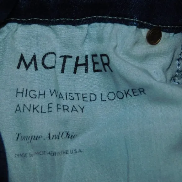 MOTHER High Waisted Looker Ankle Fray Jeans Raw Hem Tounge And Chic Wash Size 25