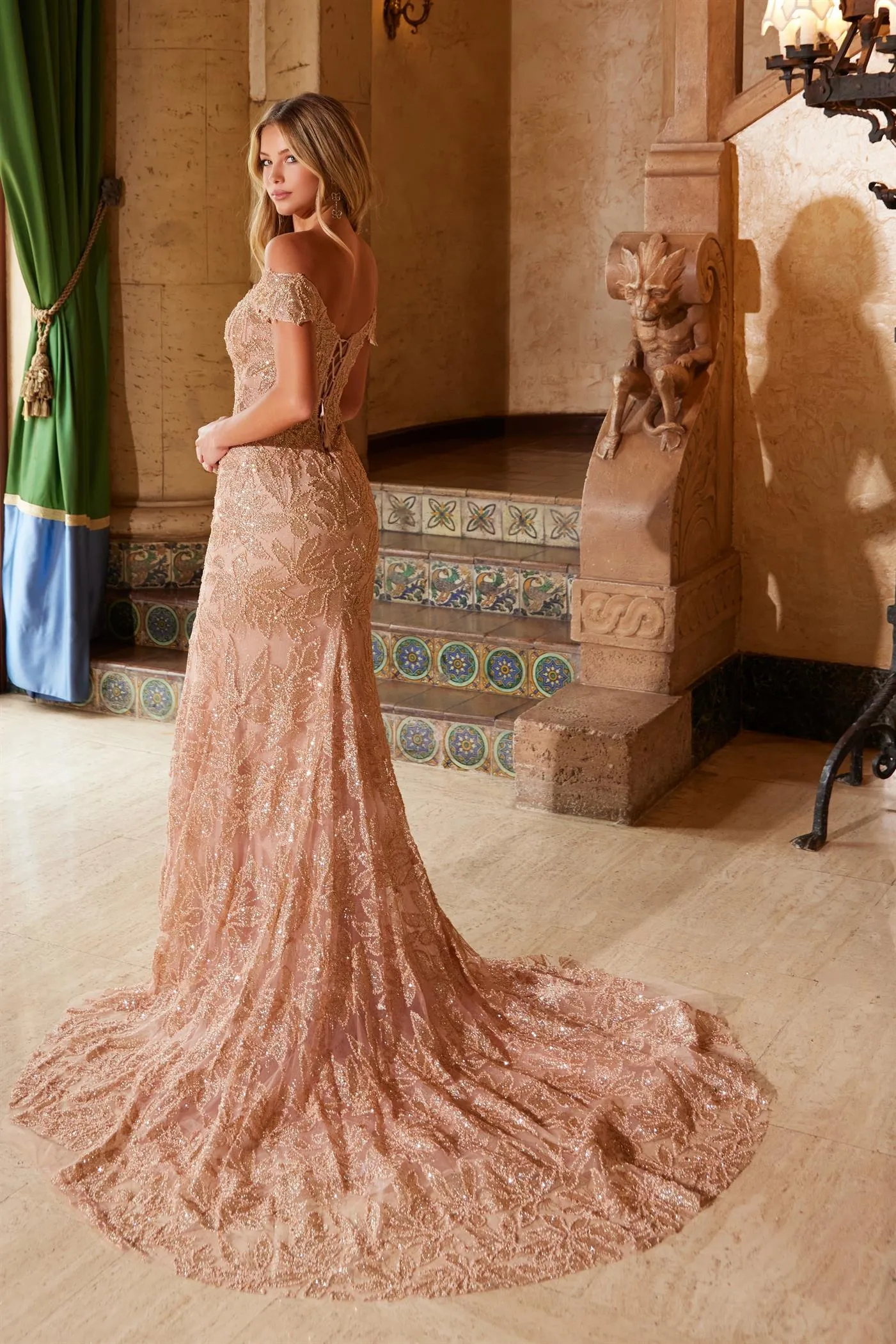 N C1600 - Off-the-Shoulder Beaded Applique Fit & Flare Prom Gown with Plunging V-Neck Open Lace-Up Back & Leg Slit