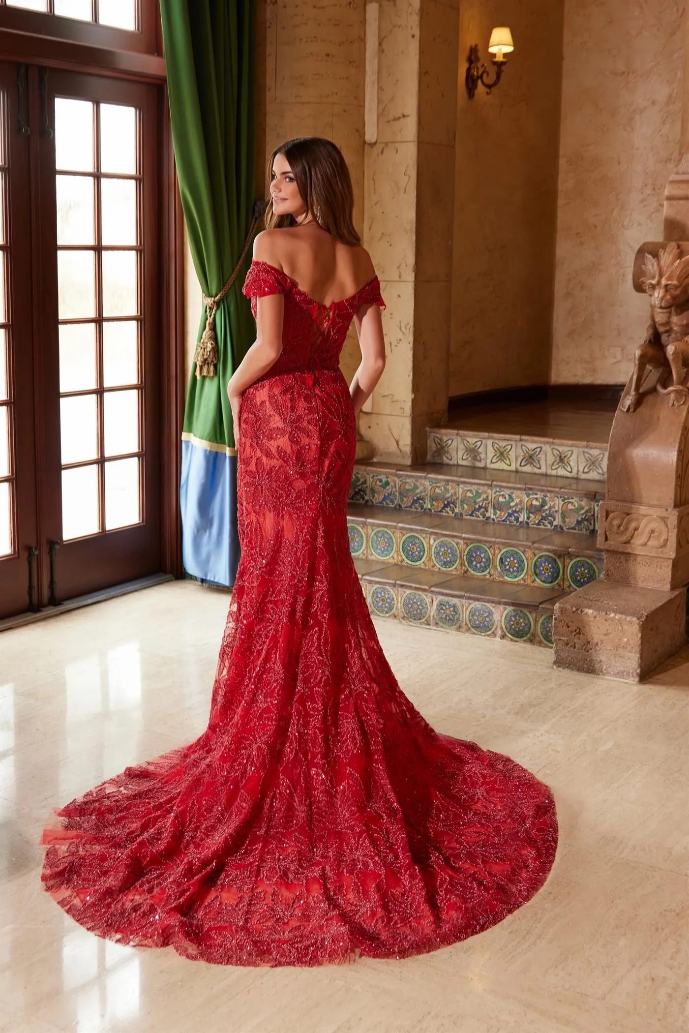 N C1600 - Off-the-Shoulder Beaded Applique Fit & Flare Prom Gown with Plunging V-Neck Open Lace-Up Back & Leg Slit