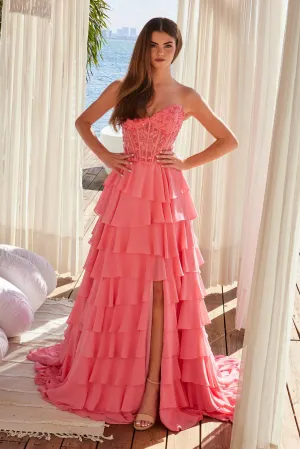 N Y1551 - Strapless Layered Ruffle Chiffon A-Line Prom Gown with Sheer Beaded 3D Floral Bodice & Open Lace Up Back
