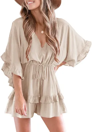 NEW Retails $100 Valphsio Womens V Neck Beach Romper Ruffle Layered Drawstring Waisted Shorts Jum Sz XL, Beige