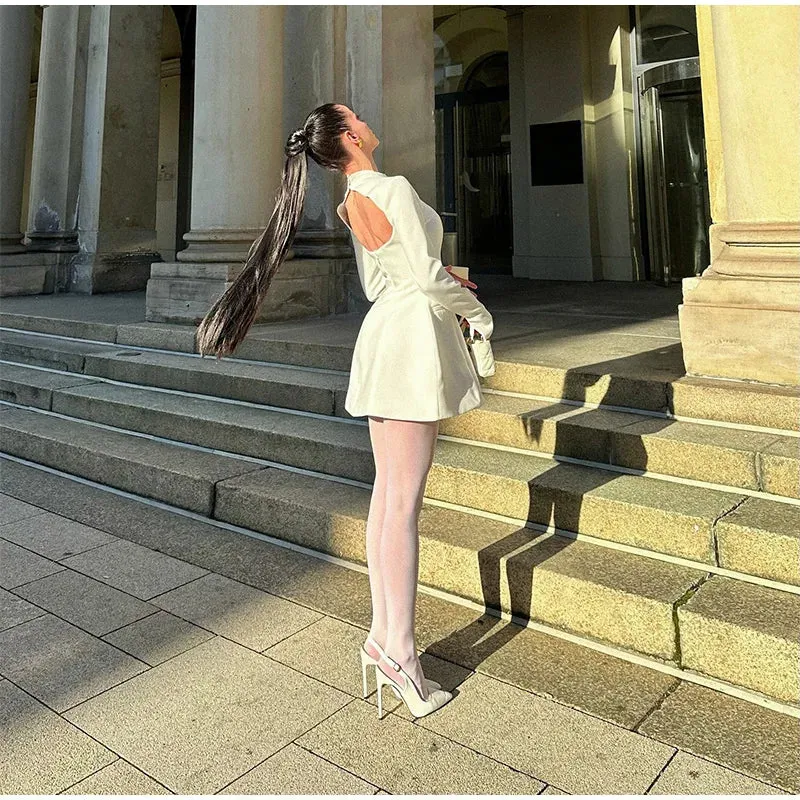 Obsidian Phoenix High-Neck A-Line Mini Dress - Slim Fit with Pockets, Full Sleeves, High-Waist Elegant Design for Highstreet Fashion