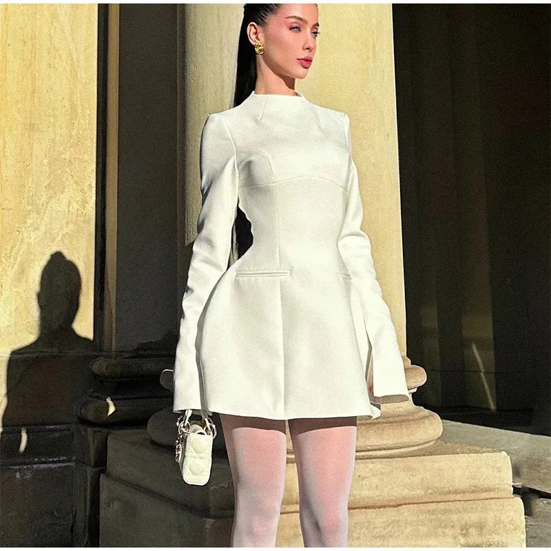 Obsidian Phoenix High-Neck A-Line Mini Dress - Slim Fit with Pockets, Full Sleeves, High-Waist Elegant Design for Highstreet Fashion